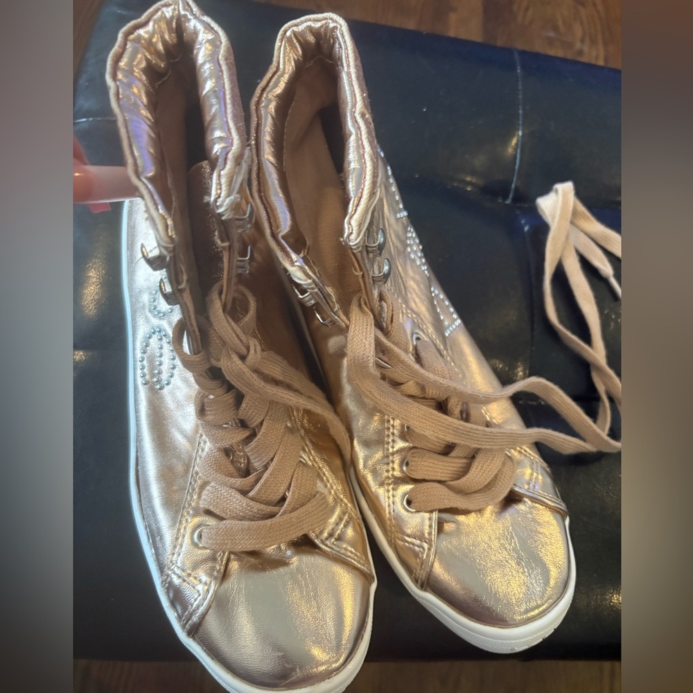 bebe Metallic Rose Gold High-Top Sneakers with Crystal Logo - Picture 7 of 8